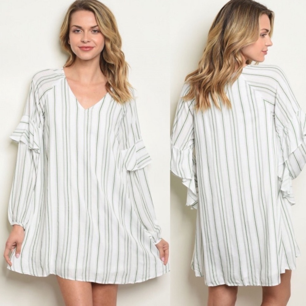 Women Striped Green Long Sleeve Tunic Dress